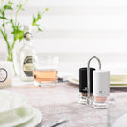 Black and White Salt and Pepper Shakers with Holder - Elegant Stainless Steel Salt Shaker and Pepper Shaker Set with Acrylic Holder for Kitchen Counter or Restaurant Table