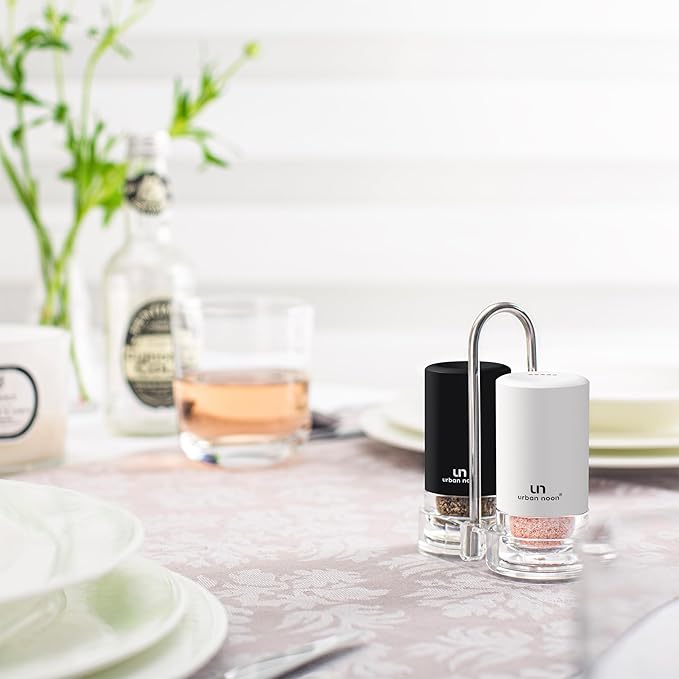 Black and White Salt and Pepper Shakers with Holder - Elegant Stainless Steel Salt Shaker and Pepper Shaker Set with Acrylic Holder for Kitchen Counter or Restaurant Table