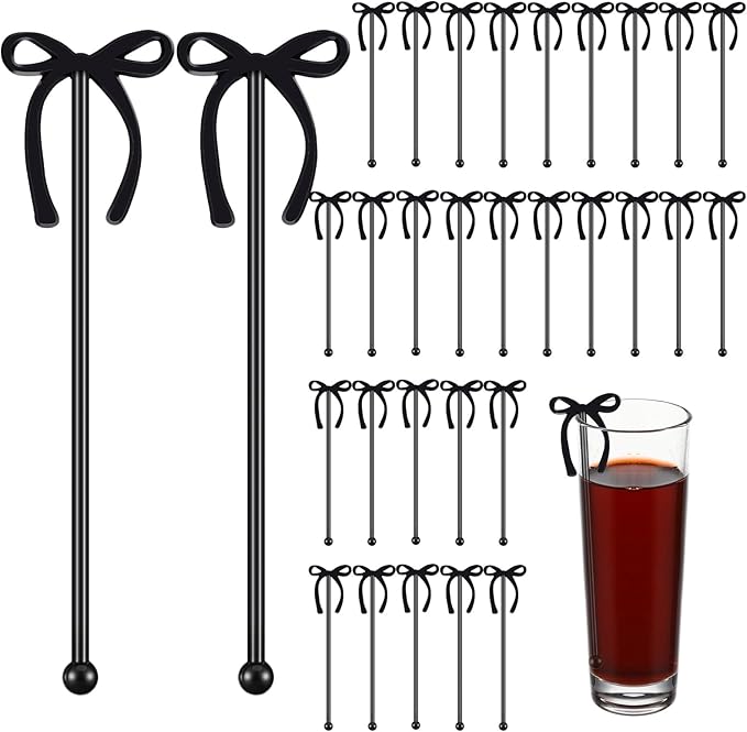30 Pcs 6 Inch Bow Drink Stirrers, Bow Stir Sticks Coffee Stirrers Reusable Plastic Swizzle Sticks for Wedding Birthday Bridal Cocktail Decorations Supplies(Black)
