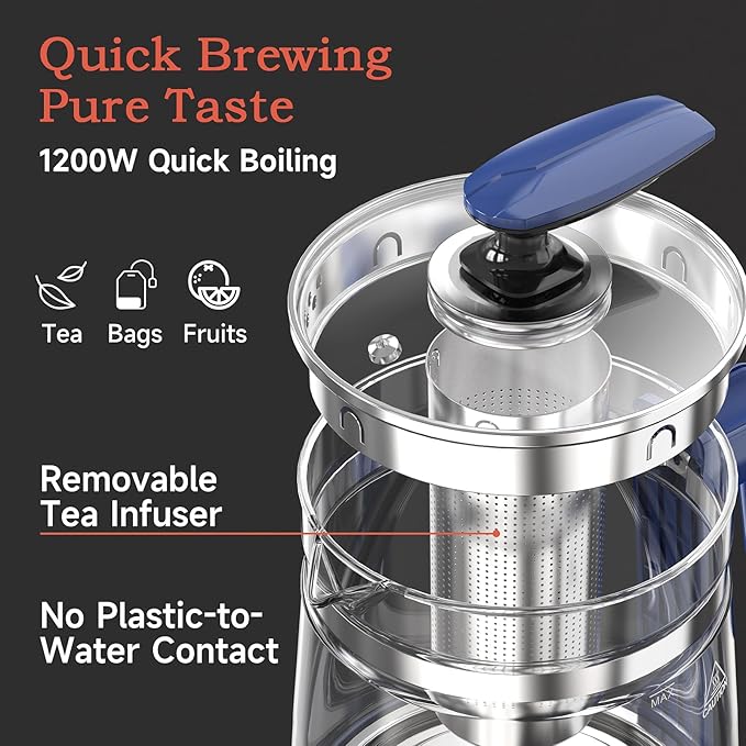 Hot Glass Electric Kettle with Tea Infuser and Temp Control, 1.5L Stainless Steel Maker & 1200W Rapid Boiling, Programmable for Teas & Coffee, Blue
