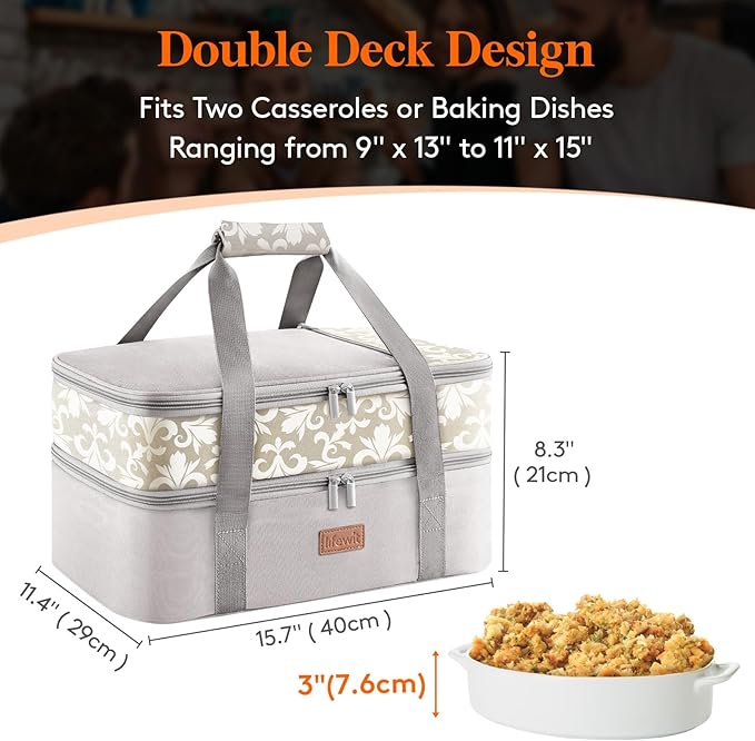 Lifewit Double Decker Casserole Carrier for Hot or Cold Food, Insulated Casserole Baking Dish Bag Food Carrier, Lasagna Holder for Potluck/Parties/Picnic/Cookouts, Fits 9"x13" Baking Dish, Grey