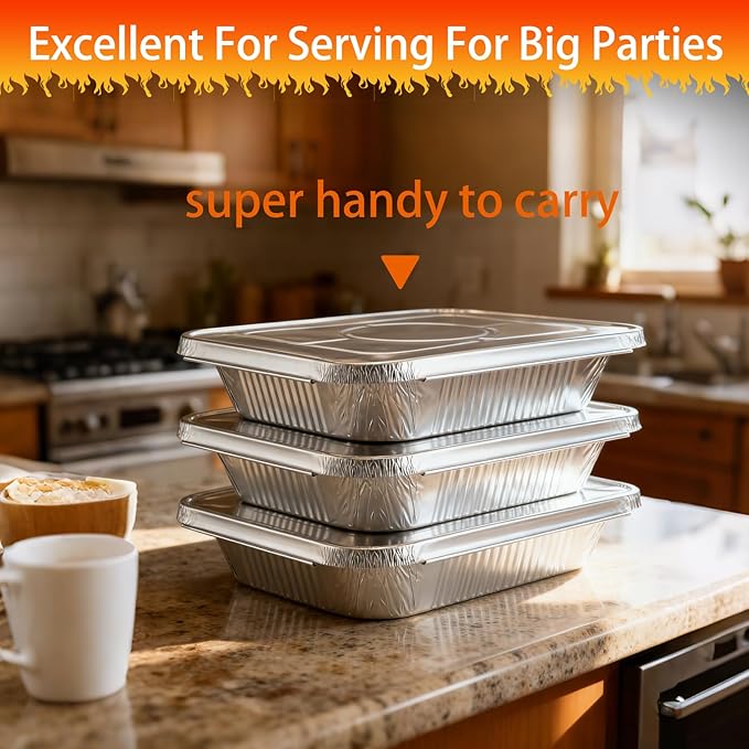 Aluminum Foil Pans with Lids 9x13 Disposable – Half Size Aluminum Foil Heavy Duty deep Turkey Roasting Pan, Tin foil Sheets Tray Chafing for Cooking, Baking, Storing, Food Prepping, 25 Pack
