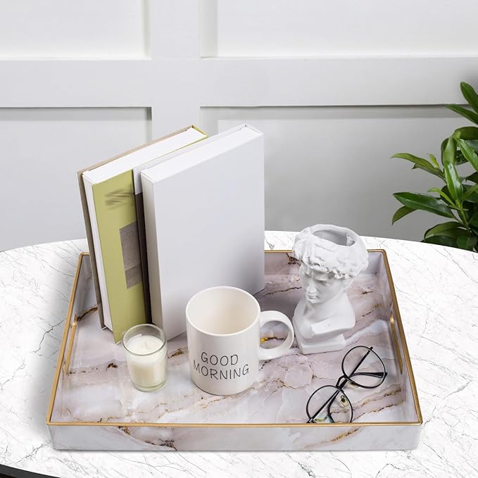 MAONAME Plastic Decorative Tray, Marbling Tray with Handles, Rectangular Coffee Table Trays, Serving Trays for Ottoman, Bathroom, Kitchen, 15.7” x 11.8”, White