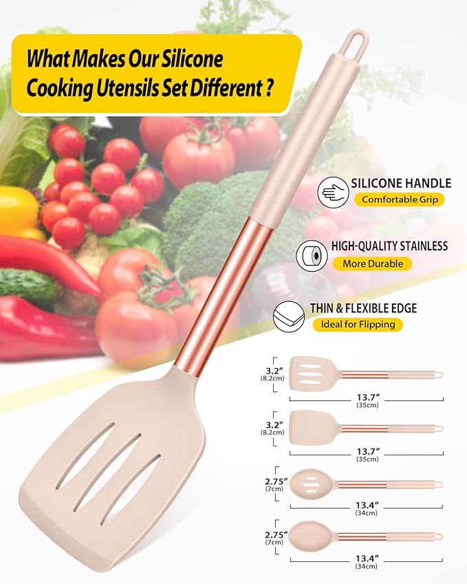 Pack of 4 Silicone Cooking Utensils Set, Non Stick Large Solid Spatulas, Heat Resistant Rose Gold Khaki Slotted Spoons, Ideal BPA Free Kitchen Turners for Frying, Mixing,Serving,Draining,Turning