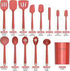 Coukre Silicone Kitchen Cooking Utensils Set with Holder – Heat-Resistant, Food-Grade Kitchen Tools, Spatula, Spoon & Gadgets for Non-Stick Pans, Dishwasher Safe (14, PureRed)