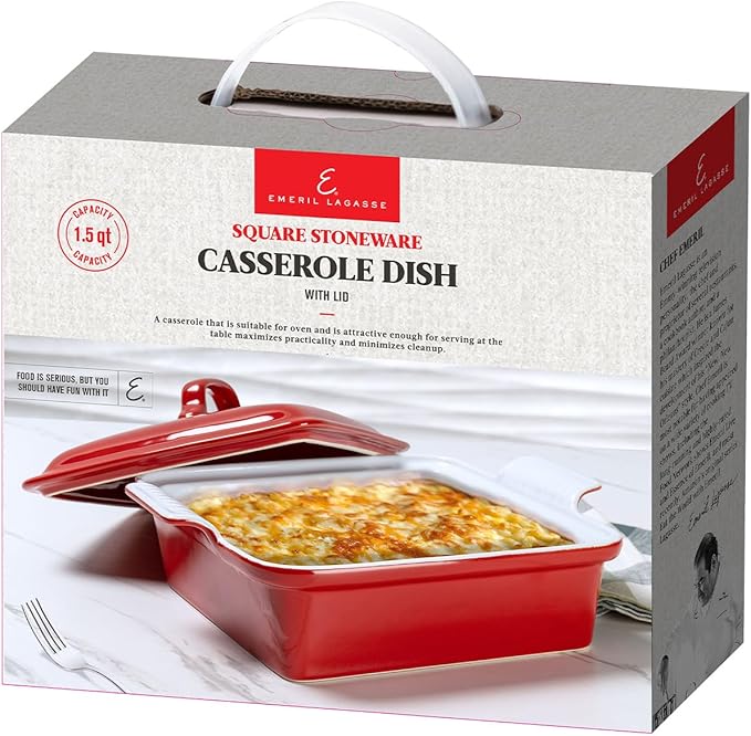 Emeril Lagasse Square Stoneware Baking Dish - 1.5Qt Lasagna Baking Dish, Perfect for Casseroles, Lasagna, and More!