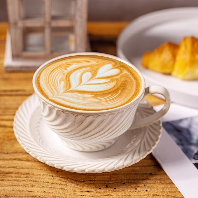 12 OZ Latte Cup with Saucer, Cappuccino Cup Vintage Cafe Art Cups for Espresso Turkish Coffee, Farmhouse Latte Mugs Tea Cups and Saucers Porcelain Set for Christmas Thanksgiving Day Gift