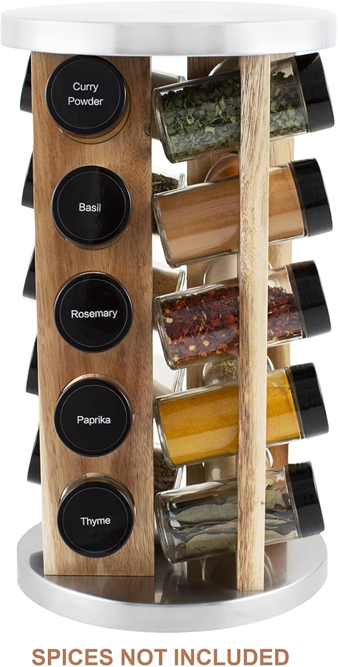 Orii Natural Acacia Wood Spice Rack with 20 EMPTY jars with Black Plastic Lids and FREE Stainless Steel Funnel and Labels