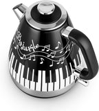 Artistic Electric Kettle with Hand-Applied Piano Keys and Music Note Stickers - 1.7L Stainless Steel Tea Kettle with LED Indicator, BPA-Free, 1200W Rapid Boil, Auto Shut-Off and Boil-Dry Protection