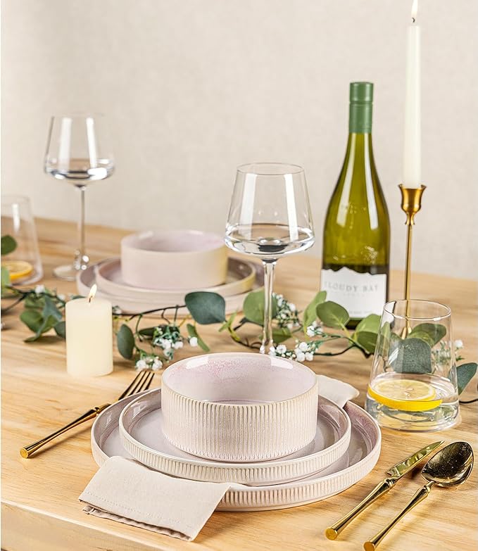TheTerra Ceramic Dinnerware Sets for 4, 12 Pieces Porcelain Lightweight Speckled Plates and Bowls Sets, Scratch Resistant Dish Set, Oven & Microwave & Dishwasher Safe, Primrose Pink