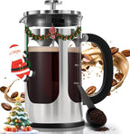 BAYKA 34oz French Press Cold Brew Coffee Maker, Heat and Cold Resistant Thickened Borosilicate Glass Stainless Steel Coffee Press, Iced Coffee Pot Tea Pitcher for Kitchen Travel Camping,1 Liter,Silver