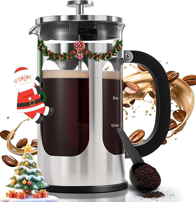 BAYKA 34oz French Press Cold Brew Coffee Maker, Heat and Cold Resistant Thickened Borosilicate Glass Stainless Steel Coffee Press, Iced Coffee Pot Tea Pitcher for Kitchen Travel Camping,1 Liter,Silver