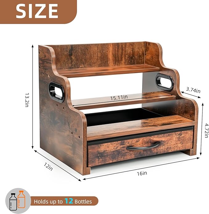 3-Tier Liquor Bottle Display Shelf with Drawers- Holds 12 Bottles & 36 K-Cups, Tabletop Wine Rack, Coffee Syrup Rack, for Mini Bar, Whiskey, Spice Storage, Kitchen Organizers