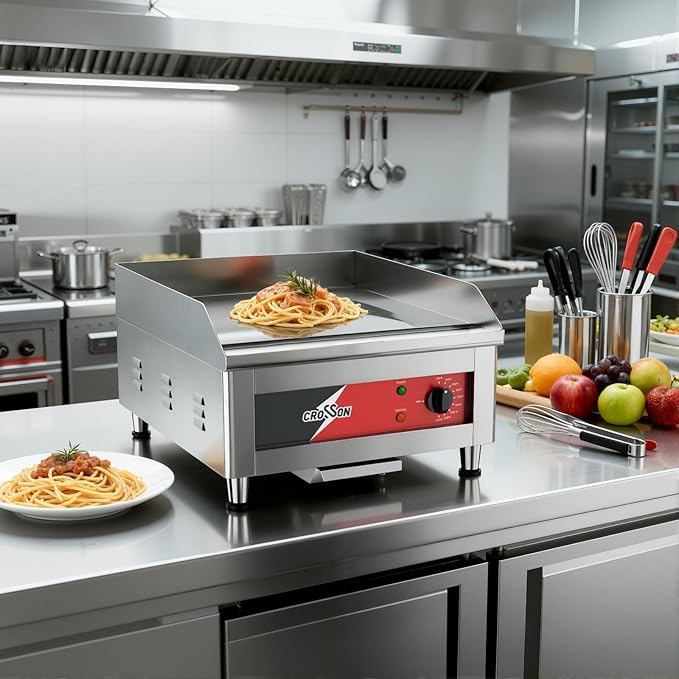 CROSSON 16"*16" Electric Chrome Plated Griddle,Commercial Countertop Flat Top Griddles with Non-Stick 2/5" Thick Iron Cooking Plate for Restaurant and home use-120V/1750W,Spatula Included