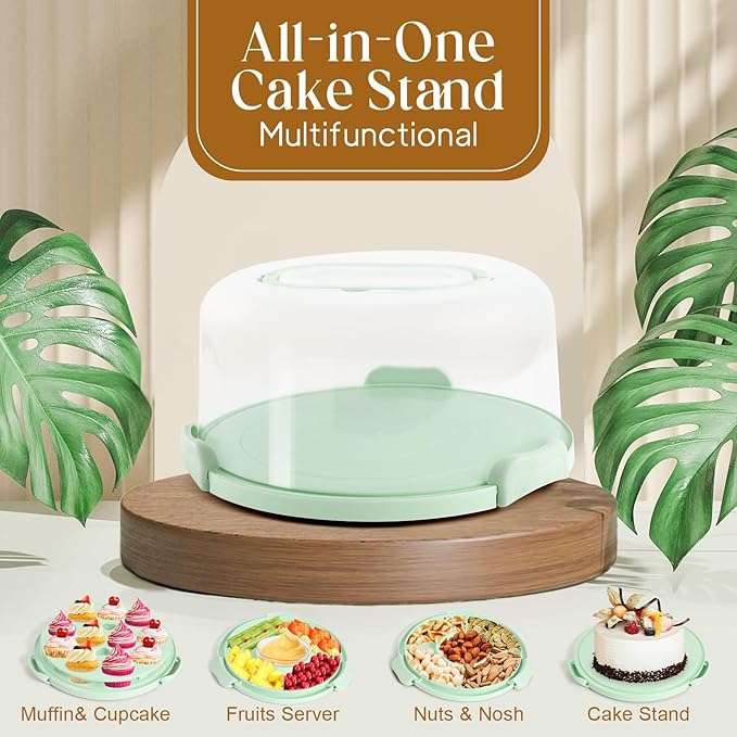 Cake Carrier with Lid and Handle, Cake Stand Cupcake Containers for 10 inch Cake with 2 Handles Cupcake Holder, 3 in 1 Transport Storage Container for Cake Pie Muffin Pizza，Green Round Cake Carriers