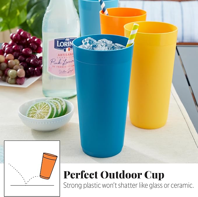 US Acrylic Newport 32 ounce Unbreakable Plastic Stackable Iced-Tea Tumblers in 4 Sunrise Colors | Set of 12 Drinking Cups | Reusable, BPA-free, Made in the USA, Top-rack Dishwasher and Microwave Safe