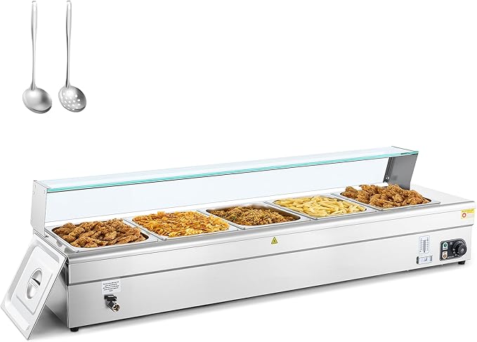 WILPREP 5-Pan Commercial Food Warmer with Sneeze Guard, Five 1/2 Pans, 1500W Countertop Electric Steam Table, 86-185°F Adjustable Temp Control, Stainless Steel Buffet Bain Marie