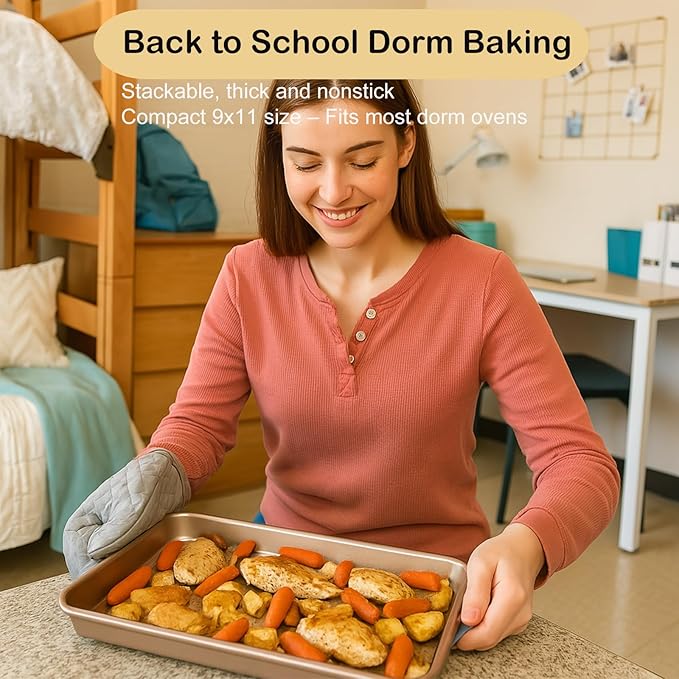 Baking Sheet Tray 9 x 11 Inch Cookie Sheet Nonstick, 2-Pack Heavy Duty Small Baking Pans, Carbon Steel, Gold - Bakeware Sets for Cookies, Roasting, Oven Safe, Easy to Clean