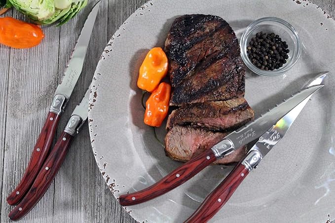French Home Laguiole 4-Piece Steak Knife Set – Sophisticated Stainless Steel Dinner Knives with Pakkawood Handles & Iconic Bee Emblem – Serrated Knives for Smooth Cutting (9.25")