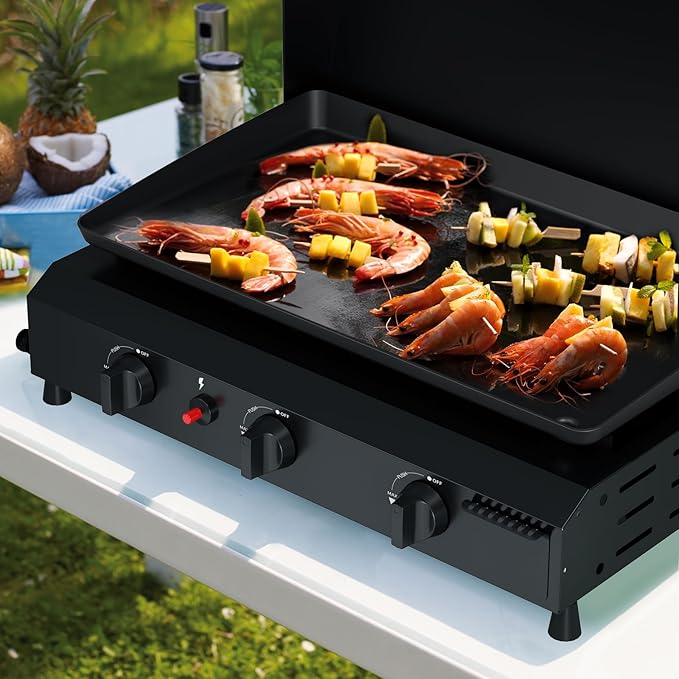 3 Burner BBQ Gas Griddle with Hood, 25.6 Inch Stainless Steel Portable Detachable Propane Griddle, 45,000 BTU Flat Top Barbecue Grill with Lid for Camping