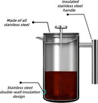 French filter coffee machine 34 ounces, double insulated, easy to clean, durable, Camping coffee makers, Brew Coffee On Stovetop，suitable for home and camping, silver.