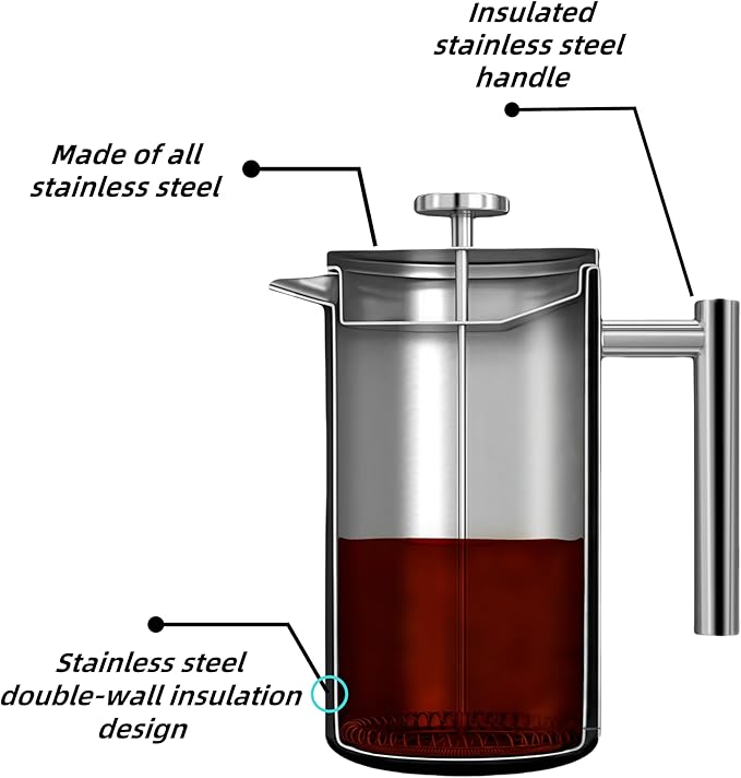 French filter coffee machine 34 ounces, double insulated, easy to clean, durable, Camping coffee makers, Brew Coffee On Stovetop，suitable for home and camping, silver.
