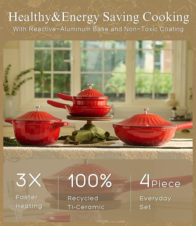 Nonstick Ceramic Cookware Set (7 Piece)–Titanium Cast Aluminum Pots and Pans Set with Lids, Non Toxic PFAS-Free Compatible with All Stovetops–Merlot Velvet