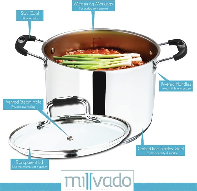 Stock Pot, 8.4 Quart Stainless Steel, Large StockPot With Clear Glass Lid, Steam Hole, Permanent Measurement Markings, Gas, Electric and Induction Compatible Boiling Pot