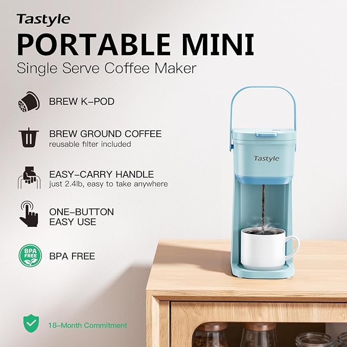 Single Serve One Cup Coffee Maker, for K Cups and Grounds, Mini Coffee Maker with Portable Handle, 6 to 12 Oz Brew Size, for Travel, Camping, Office, RV and Dorm, 120V, Aqua
