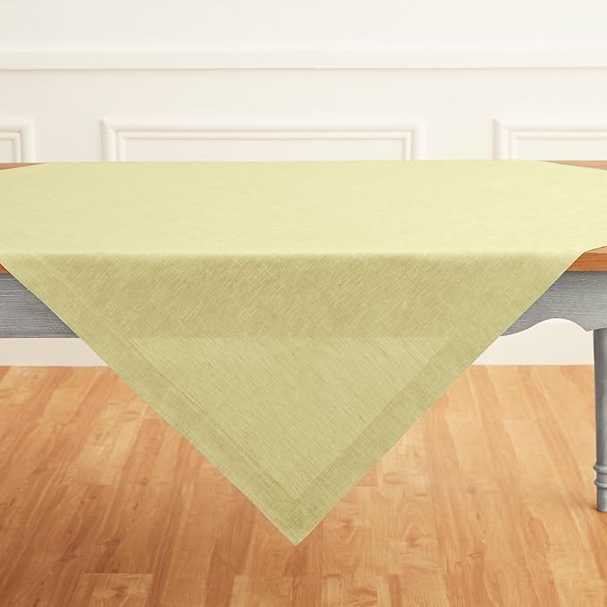 Solino Home Linen Tablecloth 52 x 52 Inch - 100% Pure Linen Square Table Throw - Athena, Machine Washable Chambray Yellow Tablecloth for Summer