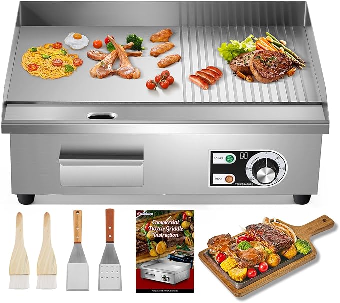 Moogiantgo Electric Griddle 22" Stainless Steel Teppanyaki Grill, Commercial Nonstick Table Top Grill for Pancake Barbecue, Large Half-Flat Cooking Plate with Adjustable Temperature & Drip Tray,1600W
