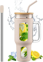 Glass Tumbler with Lid and Straw, 46 oz Iced Coffee Cup with Handle, Large Water Bottles with Silicone Sleeve, Glass Cup with Straws - Pearl Straw & Drinking Straw BPA Free-Amber