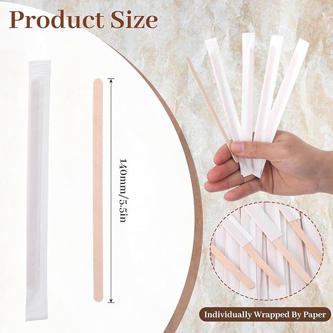 2000 Pcs Individually Wrapped Wooden Coffee Stirrers, Disposable Coffee Stir Sticks Round End Sticks Bulk Wood Stirrers for Cocktail Hot Drinks Restaurant Bar Home Office