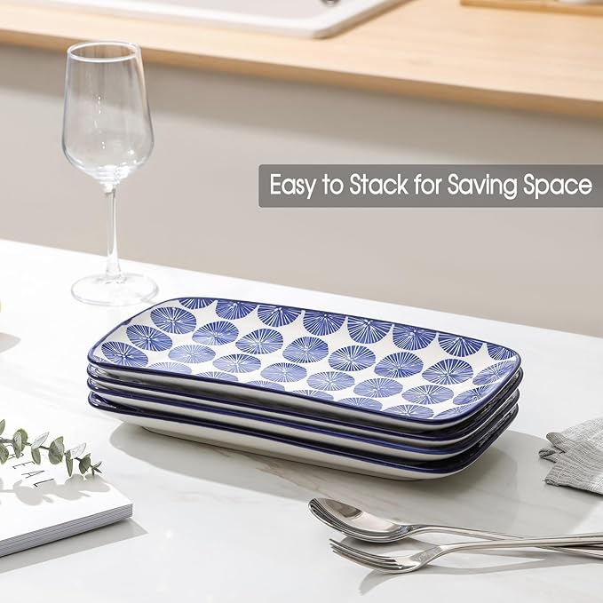 Selamica Ceramic Serving Platters, 14 Inch Serving Trays for Party Entertaining, Large Rectangular Serving Plates for Appetizer, Charcuterie, Dessert, Fruit, Set of 4, Vintage Blue