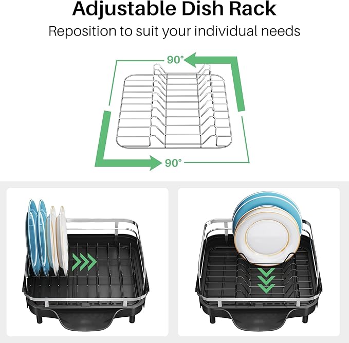 Dish Drying Rack, Expandable Dish Rack for Kitchen Counter, Stainless Steel Dish Drainer with Drainboard Set and Utensil Holder (Black)