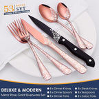 EUIRIO 53-Piece Rose Gold Silverware Set with Serving Utensils, Rose Gold Flatware Set for 8, Stainless Steel Mirror Cutlery Set, Spoons Forks Knives with Unique Floral Laser, Dishwasher Safe