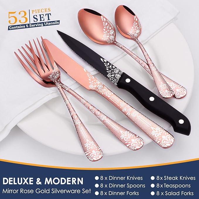EUIRIO 53-Piece Rose Gold Silverware Set with Serving Utensils, Rose Gold Flatware Set for 8, Stainless Steel Mirror Cutlery Set, Spoons Forks Knives with Unique Floral Laser, Dishwasher Safe
