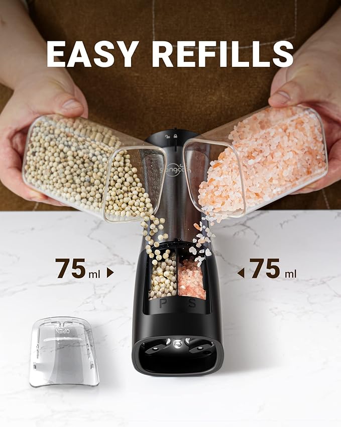 Sangcon Electric Salt and Pepper Grinder Set Shaker 2 IN 1 - Automatic Salt and Pepper Grinder Mill, Battery Powered One-Handed Operation Refillable with Light Dual Ceramic Grinder