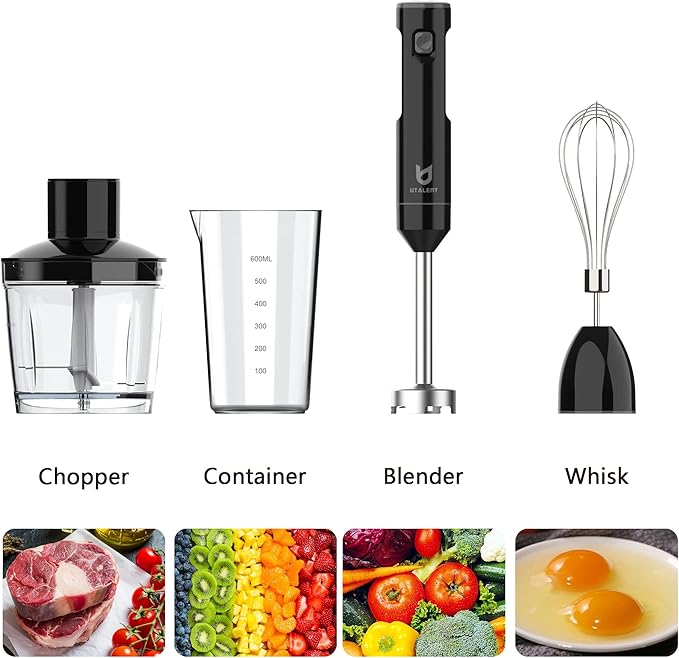 Cordless Hand Blender, UTALENT Variable Speed Immersion Blender Rechargeable, with 500ml Chopper, 600ml container, Egg Whisk, for Smoothies, Baby Food and Soups – Black