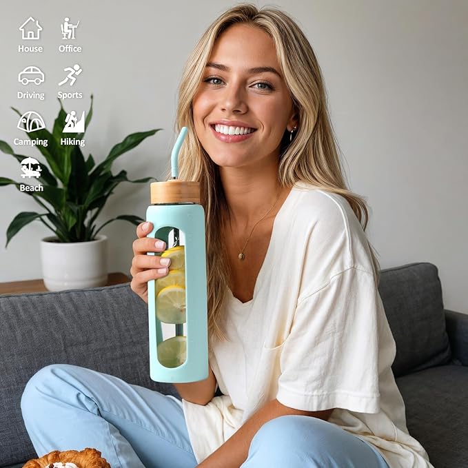 Kodrine Water Bottle with Straw, 24 oz Glass water Bottle with 2 Lids Bamboo Straw Lid and Spout Lid with Handle, 32 oz Clear Water Bottle Glass for Sports Travel, Waterbottle with Time Marker