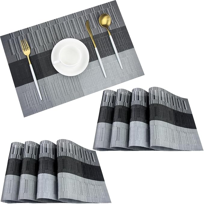 PIGCHCY Placemats Set of 8 Washable Durable Placemat Vinyl Heat Resistant Non-Slip Table Mats Indoor Outdoor (Black)