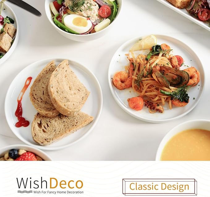 Ceramic Appetizer Plates Set of 6, Small Dessert Plates 7 inch, White Round Salad Plate, Porcelain Dinner Dishes for Cake, Waffle, Pasta, Microwave & Dishwasher Safe