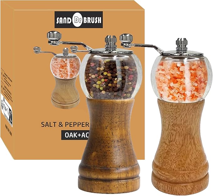 Salt and Pepper Mill Manual Pepper Grinder Set, Classical Hand Shake Wooden Pepper Mills Set Ceramic Core Grinding Metal Handle, 6in Two tone combination set Enjoy Fresh Ground Pepper Sea Salt