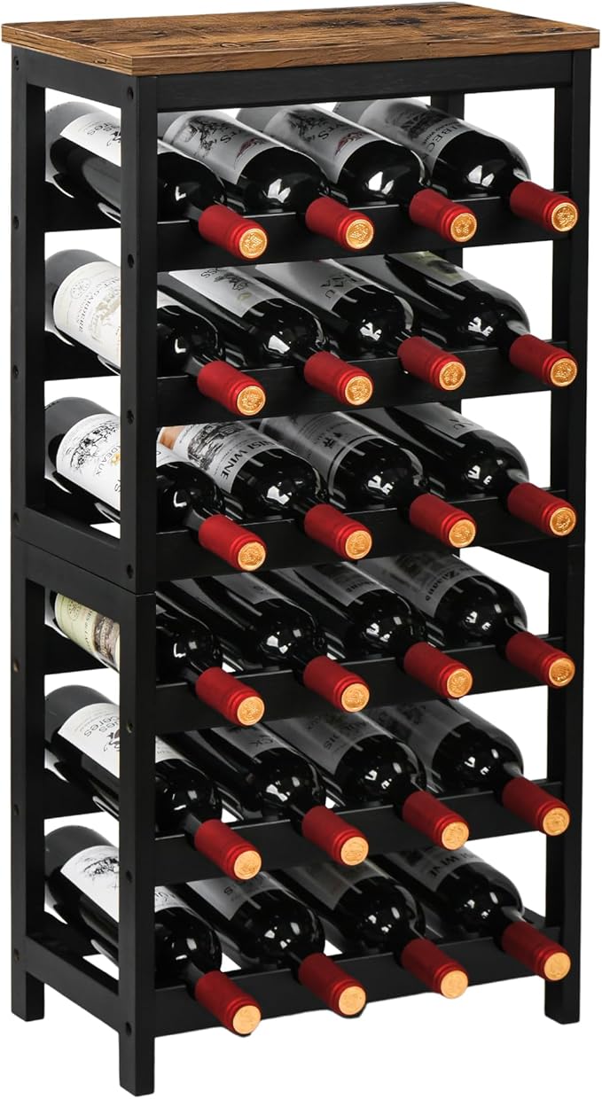 VASMIA Wine Rack Freestanding Floor, 6 Tier Bamboo Wine Storage Shelves with Table Top, 24-Botttle Wine Rack Shelf for Kitchen Bar Dining Room Living Room, Rustic Brown and Black