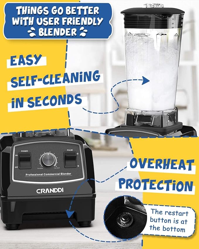 CRANDDI Professional Blender,1500 Watt Commercial Blenders for Kitchen with 70oz Capacity and Self-Cleaning, Classic Blenders for Shakes and Smoothies, Build-in Pulse, YL-010-B