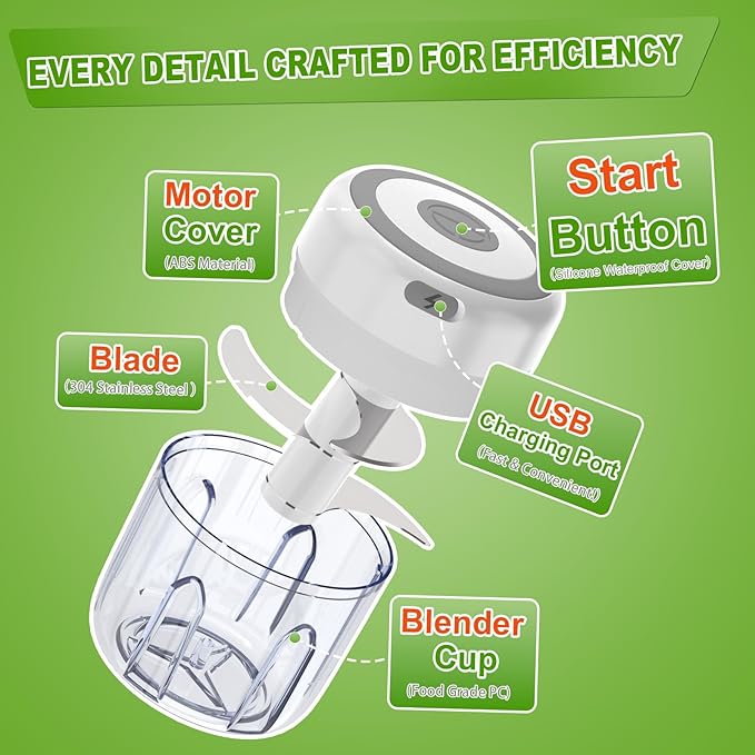 Electric Vegetable Chopper, Rechargable USB Blender to Vegetable Portable Food Processor Onion Mincer, Cordless Meat Grinder for Vegetable, Compact Food Processor for Ginger Chili Fruit Meat Salad