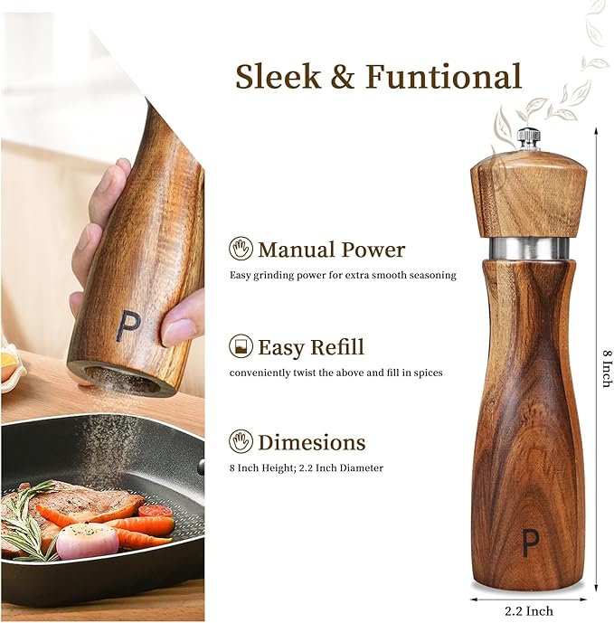 2 Pack Acacia Wood Salt and Pepper Grinder Set, Wooden Salt and Pepper Mill Set Salt and Pepper Shaker Tableware Birthday Gifts Ceramic Core-8 Inch