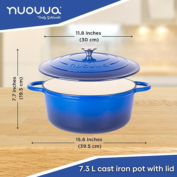 Cast Iron Dutch Oven with Lid – Non-Stick Ovenproof Enamelled Casserole Pot – Sturdy Dutch Oven Cookware – Dark Blue, 7.3-Quart, 30cm – by Nuovva