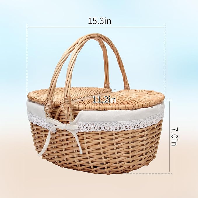 Natural Rattan Picnic Basket for 4 Adults - Portable Wicker Hamper with Removable Red & White Gingham Lining, Foldable Handles & Lockable Lid, Detachable Cushioned Tote (15"x11"x7" Outdoor Essentials)