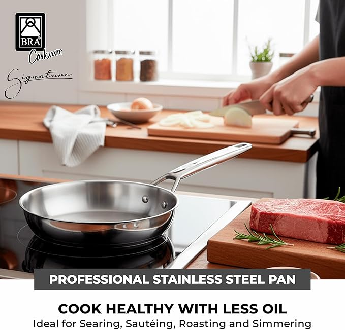 BRA COOKWARE Signature Frying Pan | 9.5 inches Professional Skillet | Stainless Steel Frypan | All Stovetop Compatible - Full Induction Skillet | PFOA Free | w/o Non-Stick Coating | Polished Finish